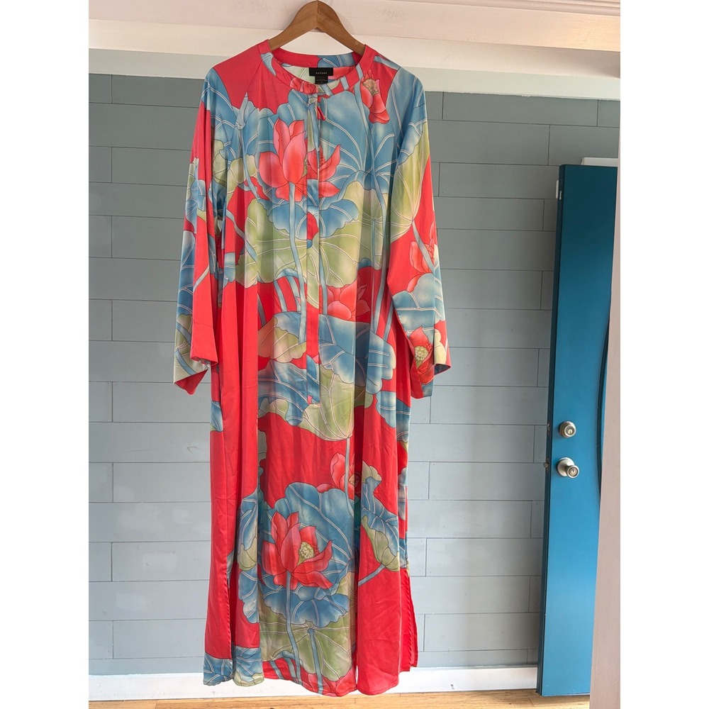 Natori Lotus Floral Print Caftan Robe Coral Blue 1X Zip Front Lounger Pockets